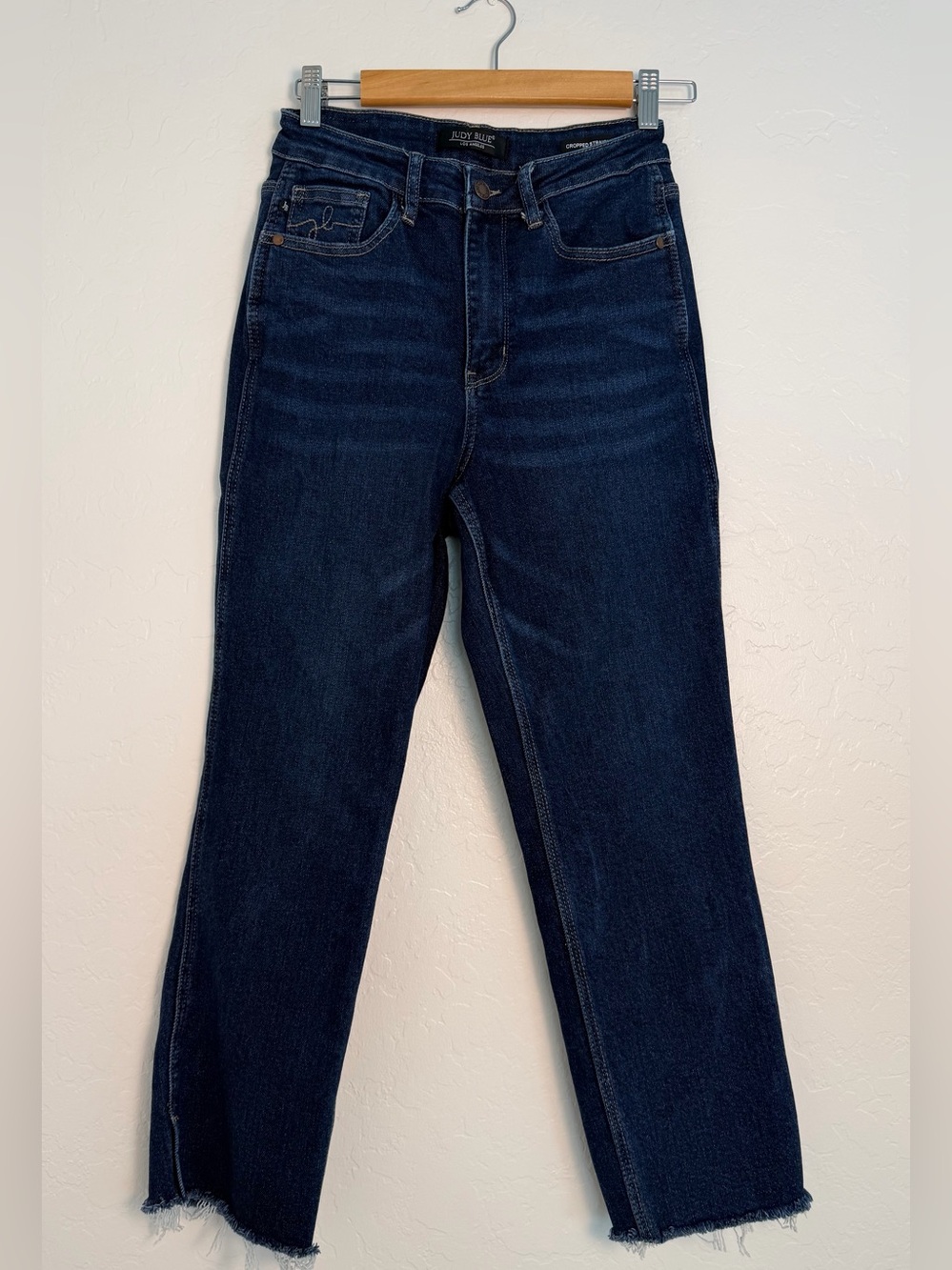 Judy Blue women's 5/27 cropped high rise Dark Blue Straight-Leg Jeans raw hem